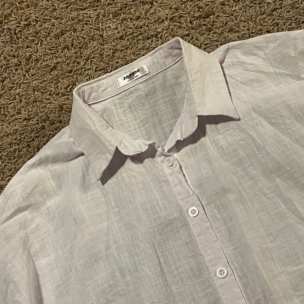 Zeagoo White Linen Blend Button Down Shirt 3/4 Sleeve High Low Hem Size Large